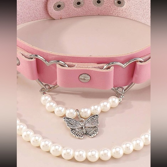 🦋 Lovely Pastel PU Leather Faux Pearl Tassel Tiered Butterfly Hearts Choker 💕 - Picture 4 of 5